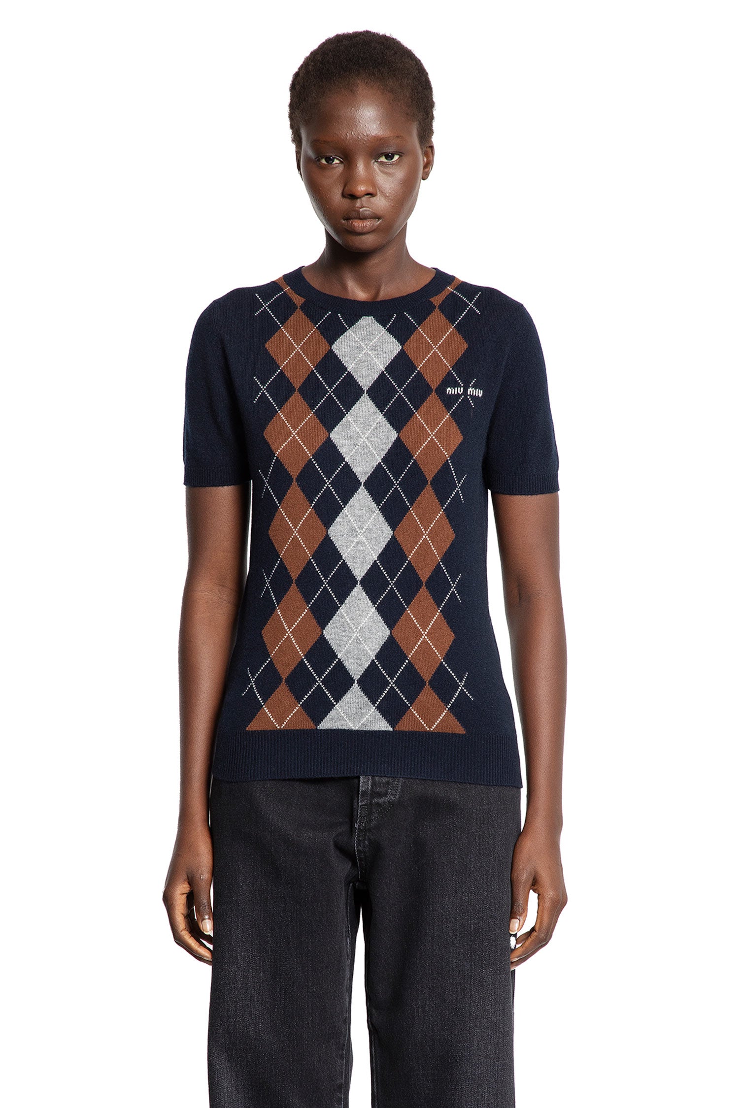 Cashmere Argyle Short Sleeve Sweater Miu miu оригінал – Купити в Україні – вид ззаду