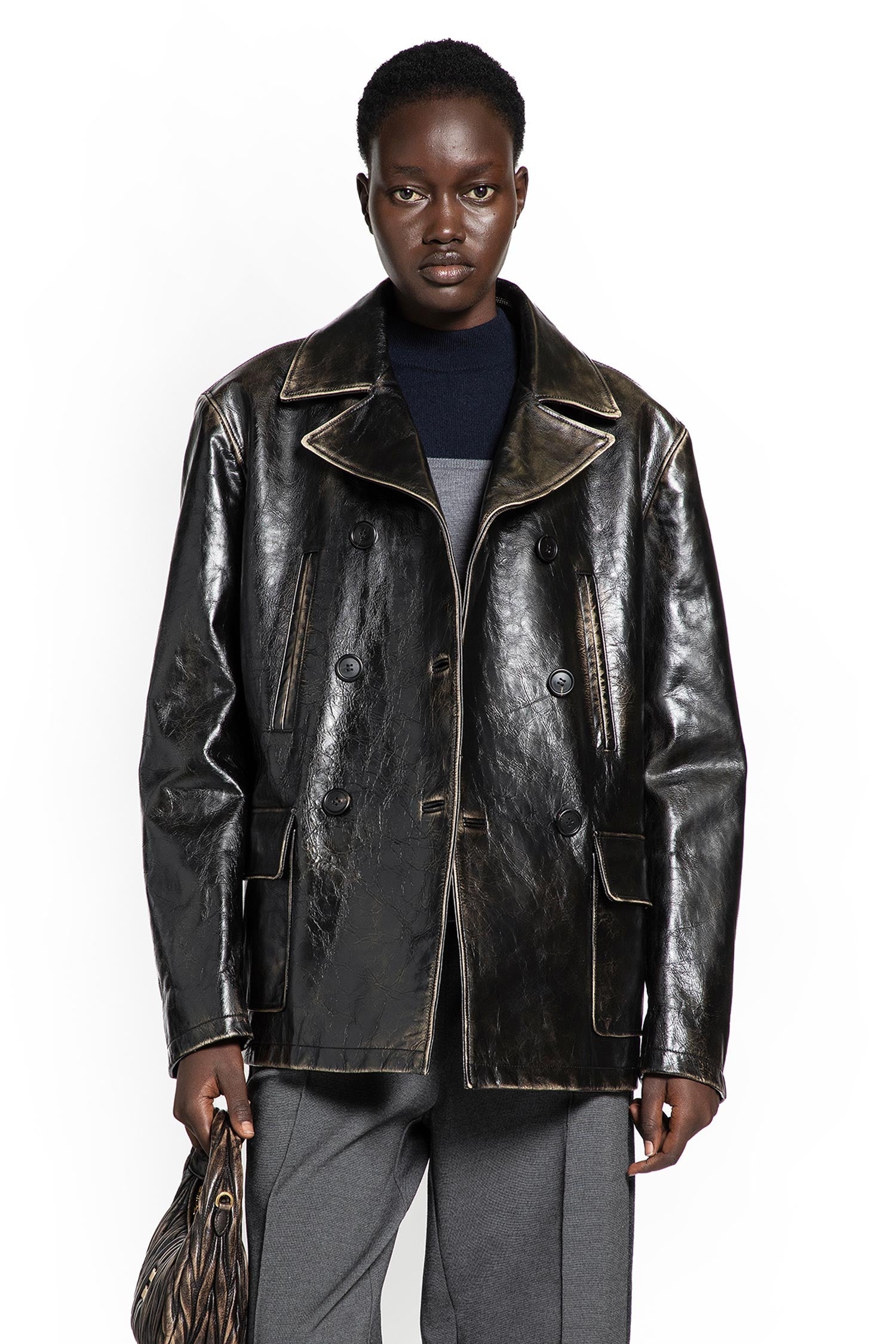 Double-Breasted Leather Caban Jacket Miu miu оригінал – Купити в Україні – боковий вид