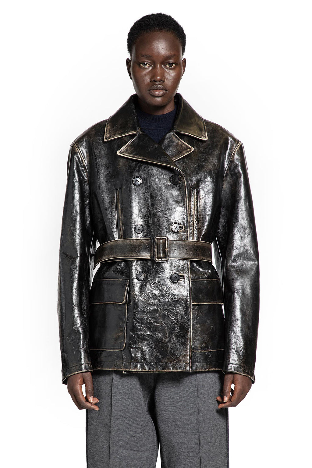 Double-Breasted Leather Caban Jacket Miu miu оригінал – Купити в Україні – вид ззаду