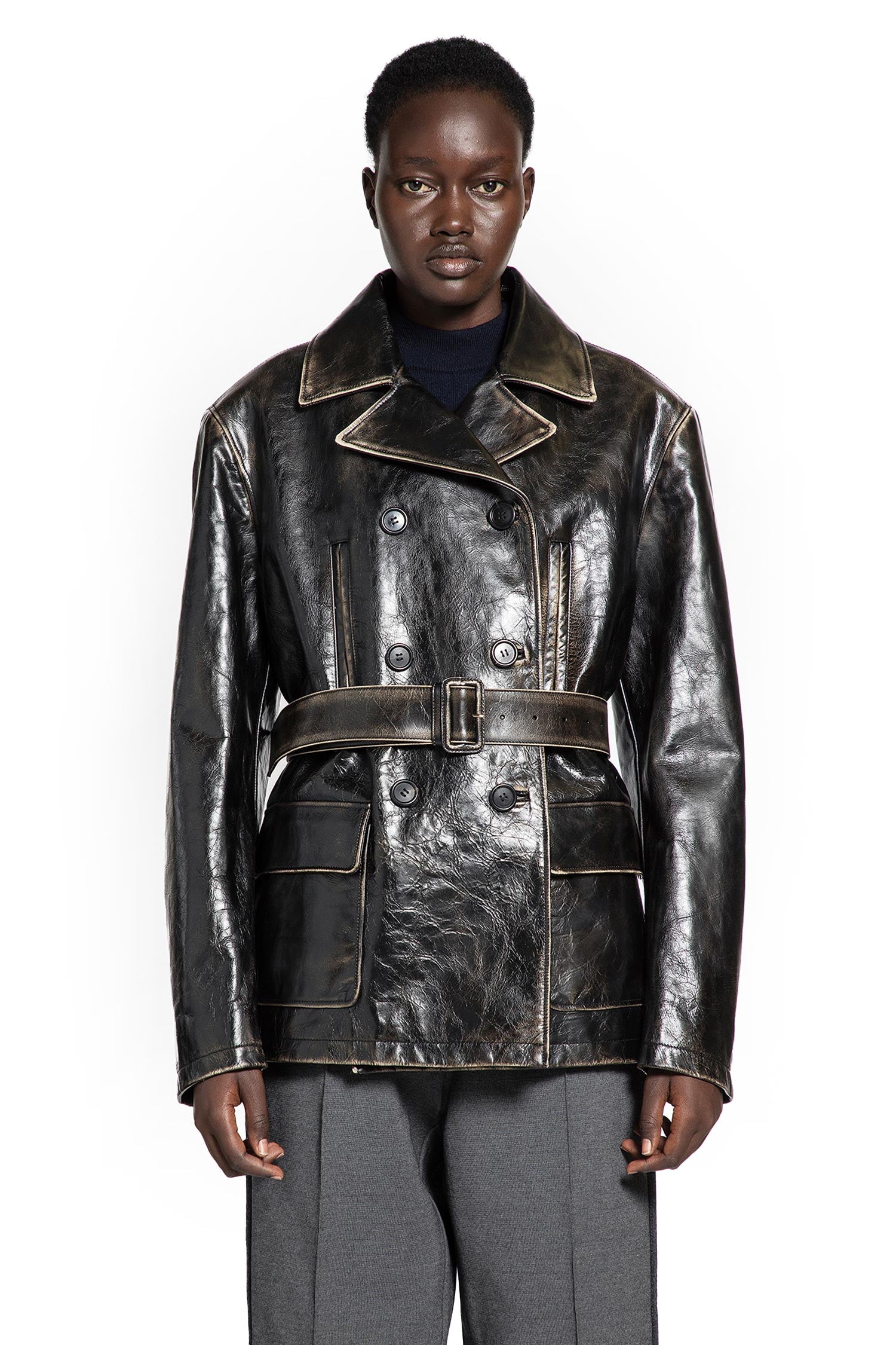 Double-Breasted Leather Caban Jacket Miu miu оригінал – Купити в Україні – вид ззаду