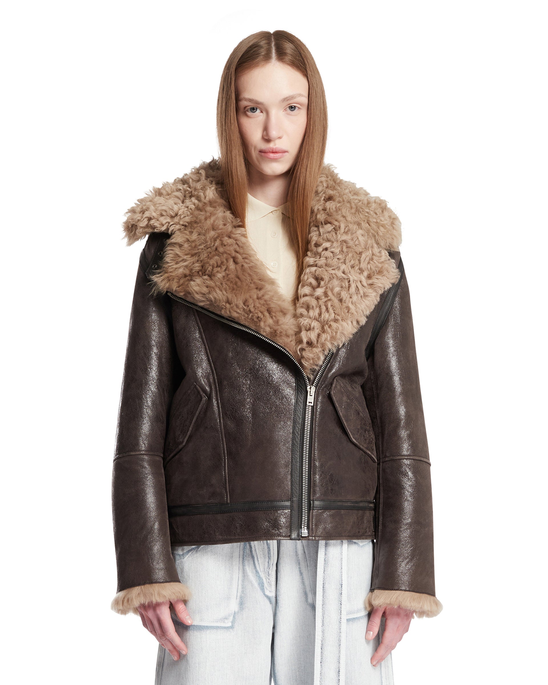 Brown Leather Shearling Jacket Acne studios – Гарантія оригінальності – боковий вид