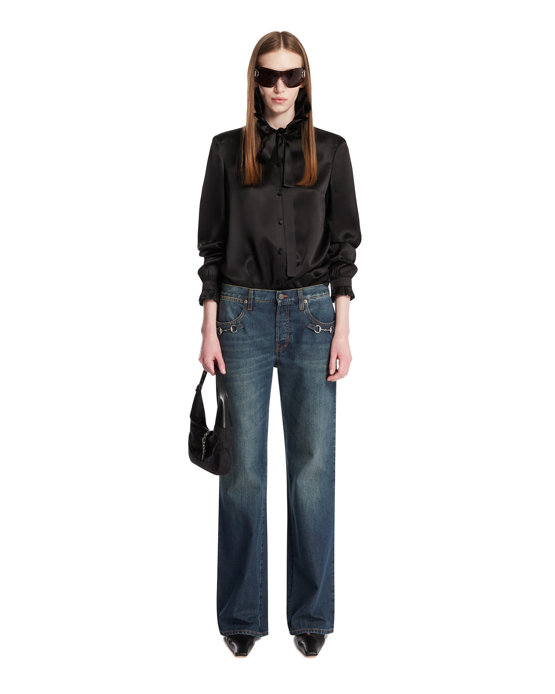 Black Silk Satin Bow Shirt Gucci – Гарантія оригінальності – детальний вид