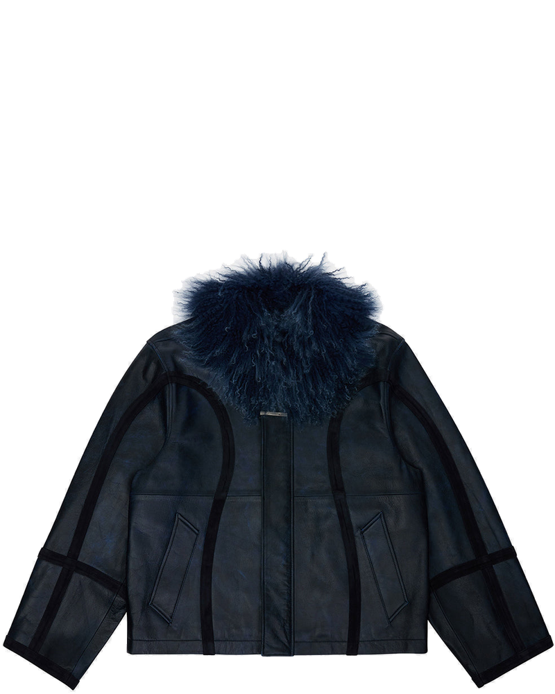 Оригінальна Blue Faux-Fur Collar Leather Jacket Ader error