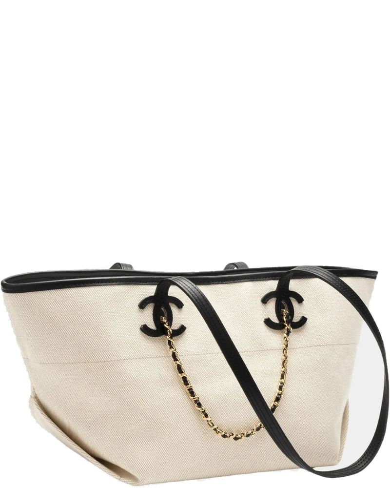 Оригінальна Small Tote Bag Canvas Calfskin & Gold-Tone Metal Ecru & Black Chanel