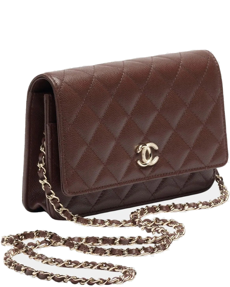 Wallet On Chain Shiny Grained Calfskin Rhinestones & Gold Metal Dark Brown Chanel – Гарантія оригінальності