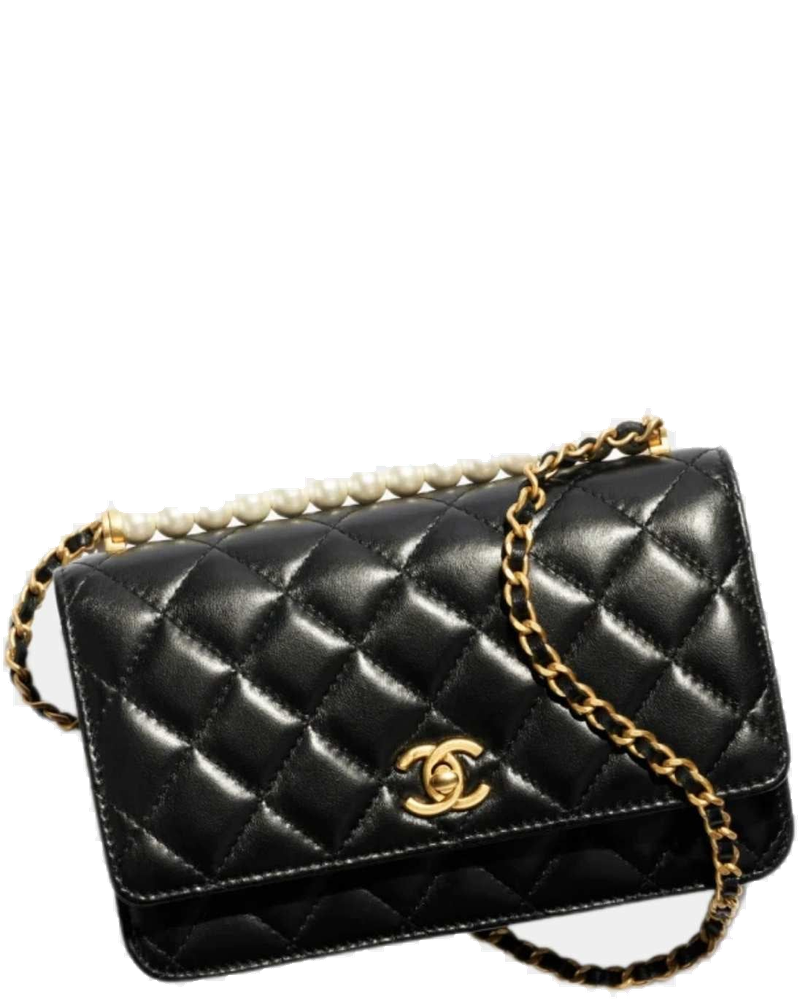Wallet On Chain Shiny Lambskin Pearls Gold Tone Metal Black Chanel – Гарантія оригінальності