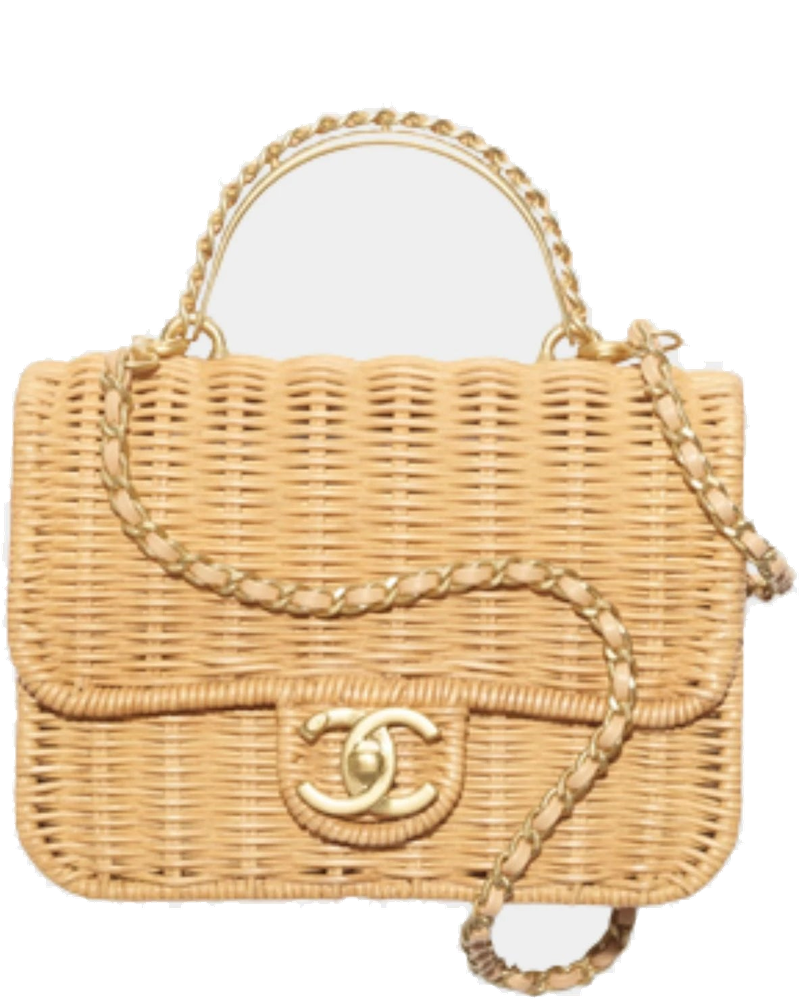 Оригінальна Mini Flap Bag With Top Handle Braided Raffia & Gold-Tone Metal Chanel