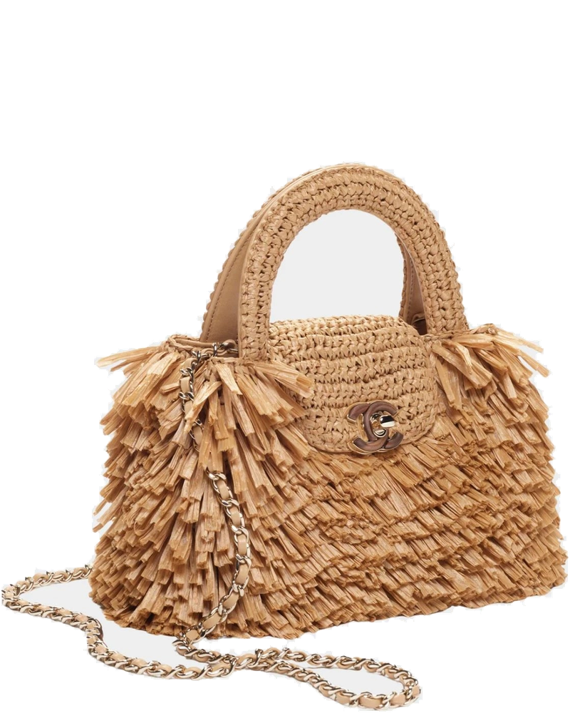 Mini Tote Bag Fringed Raffia Wood & Gilded Metal Dark Beige Chanel – Гарантія оригінальності