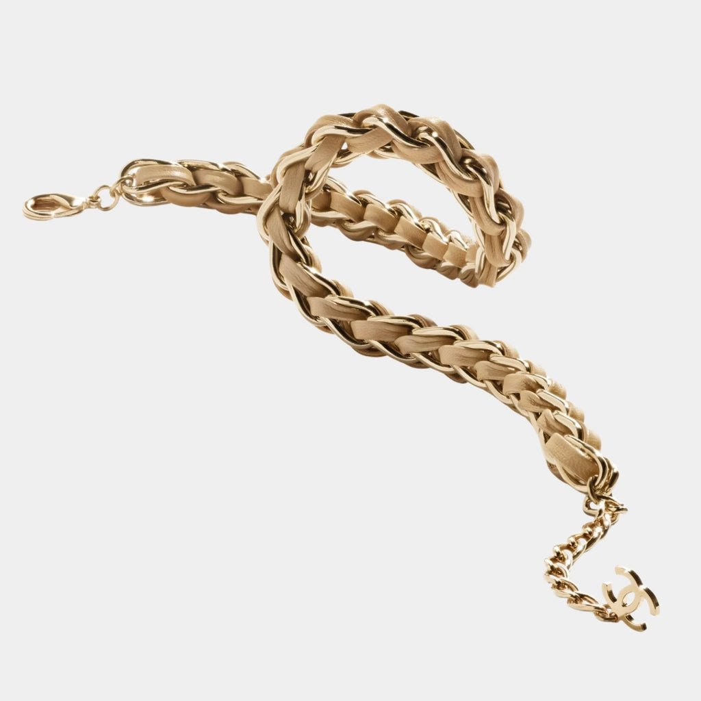 Braided Necklace Metal & Lambskin Gold & Beige Chanel – Гарантія оригінальності – вид ззаду
