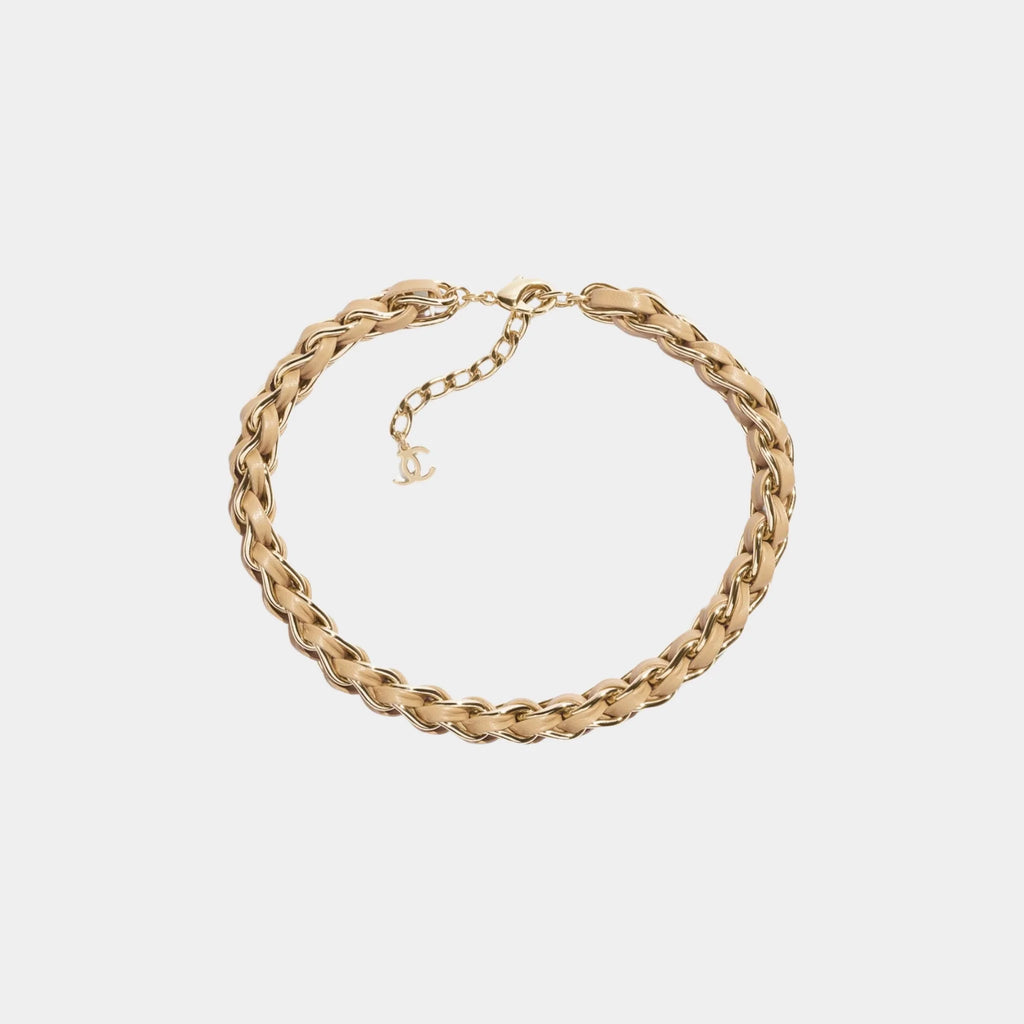 Braided Necklace Metal & Lambskin Gold & Beige Chanel – Гарантія оригінальності – боковий вид