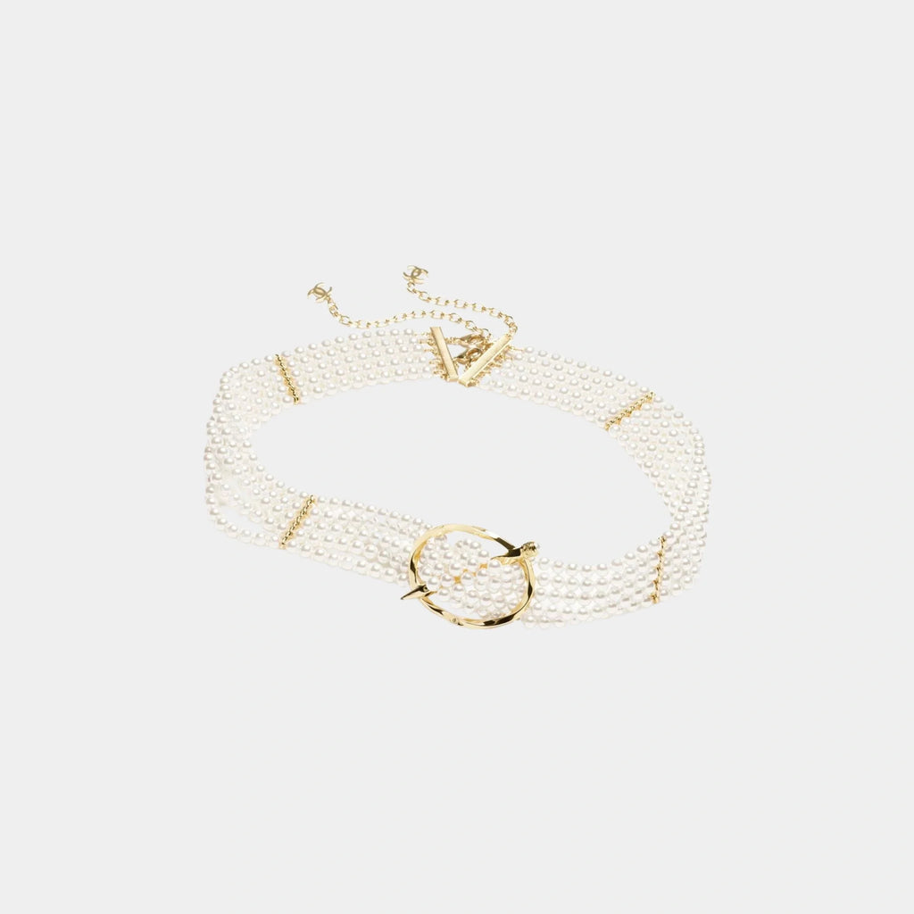 Chain Belt Metal Resin & Rhinestones Gold Pearly White & Crystal Chanel оригінал – Купити в Україні – боковий вид