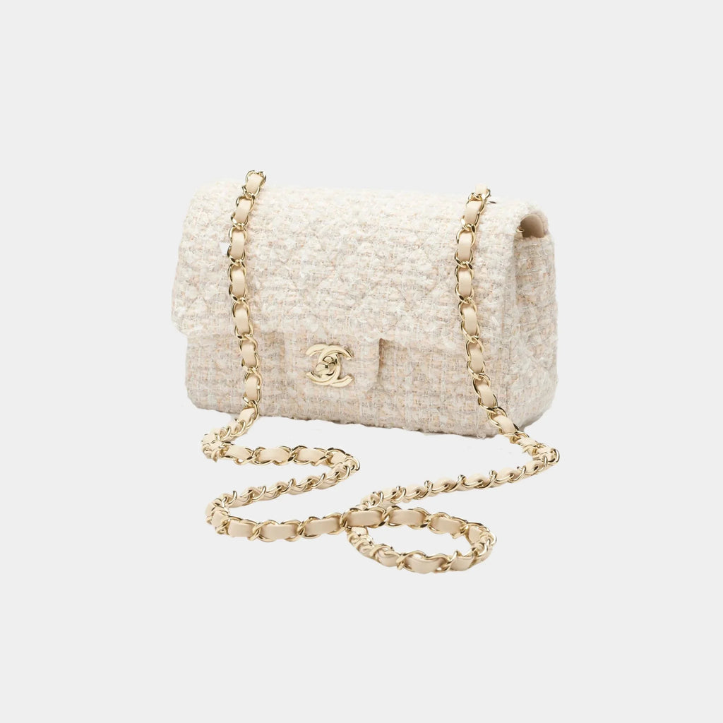 Classic Mini Bag Tweed & Gold Metal Beige & White Chanel – Гарантія оригінальності – боковий вид