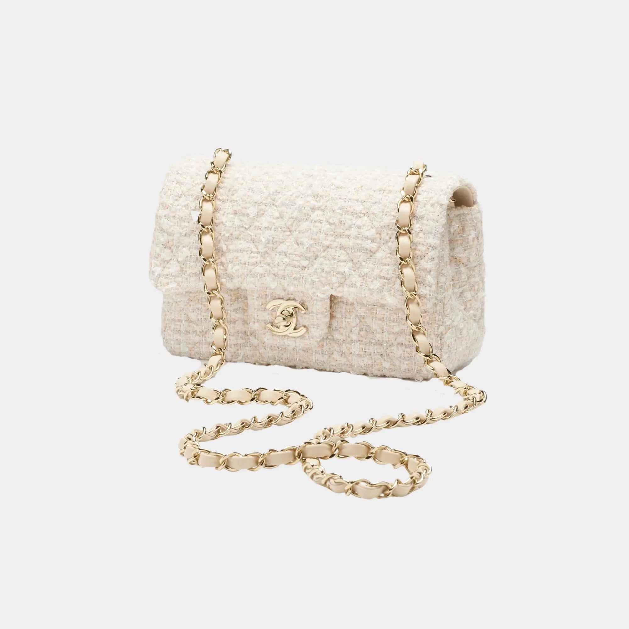 Classic Mini Bag Tweed & Gold Metal Beige & White Chanel – Гарантія оригінальності – боковий вид