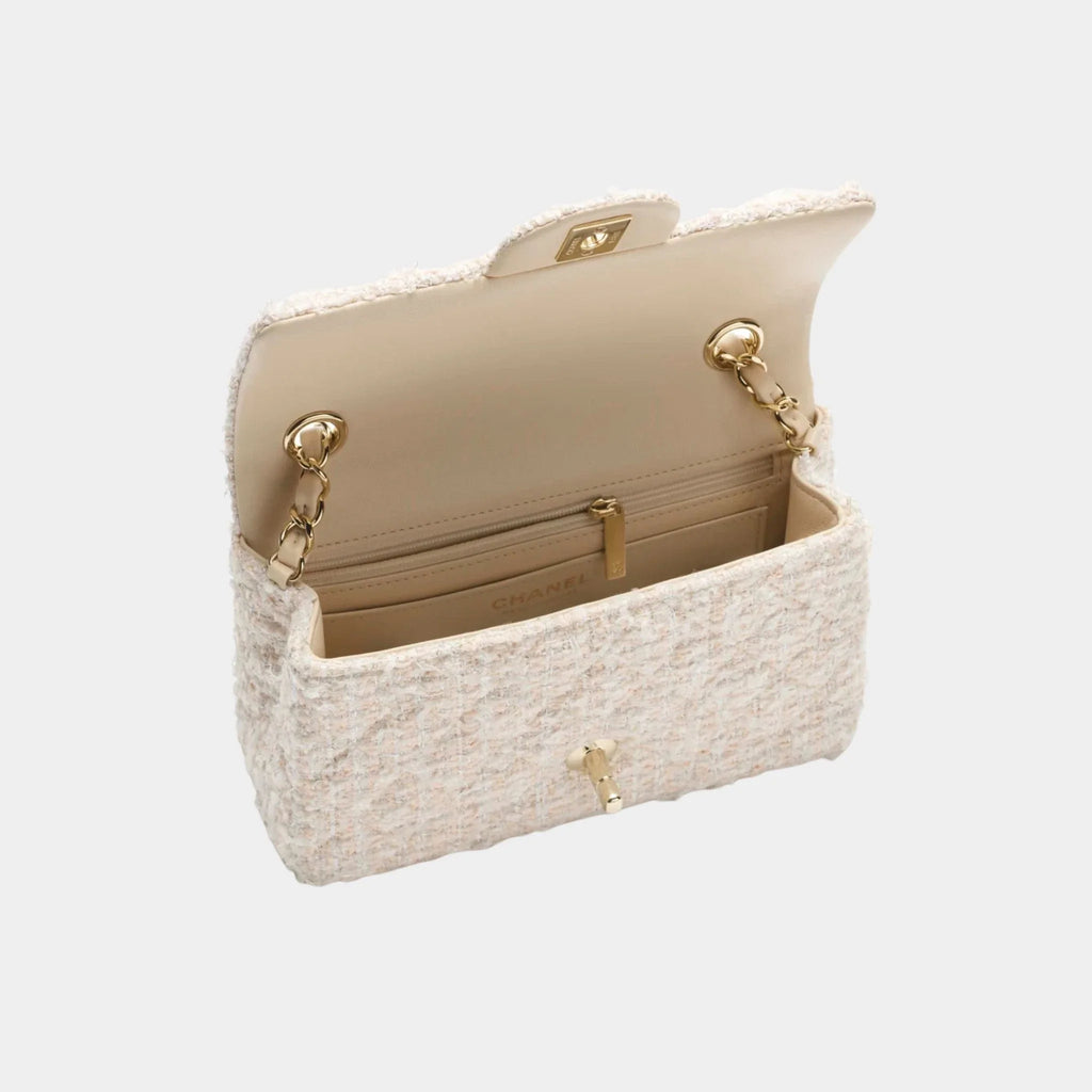 Classic Mini Bag Tweed & Gold Metal Beige & White Chanel – Гарантія оригінальності – вид ззаду