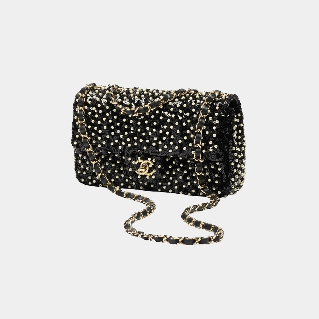 Evening Bag Sequins Imitation Pearls & Gold Metal Black & White Chanel оригінал – Купити в Україні – боковий вид