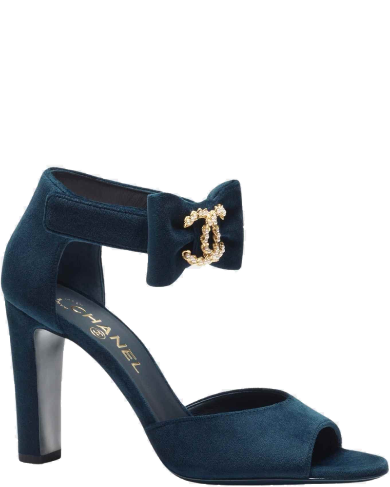 Sandals Velvet Imitation Pearls Metal Dark Blue Chanel – Гарантія оригінальності