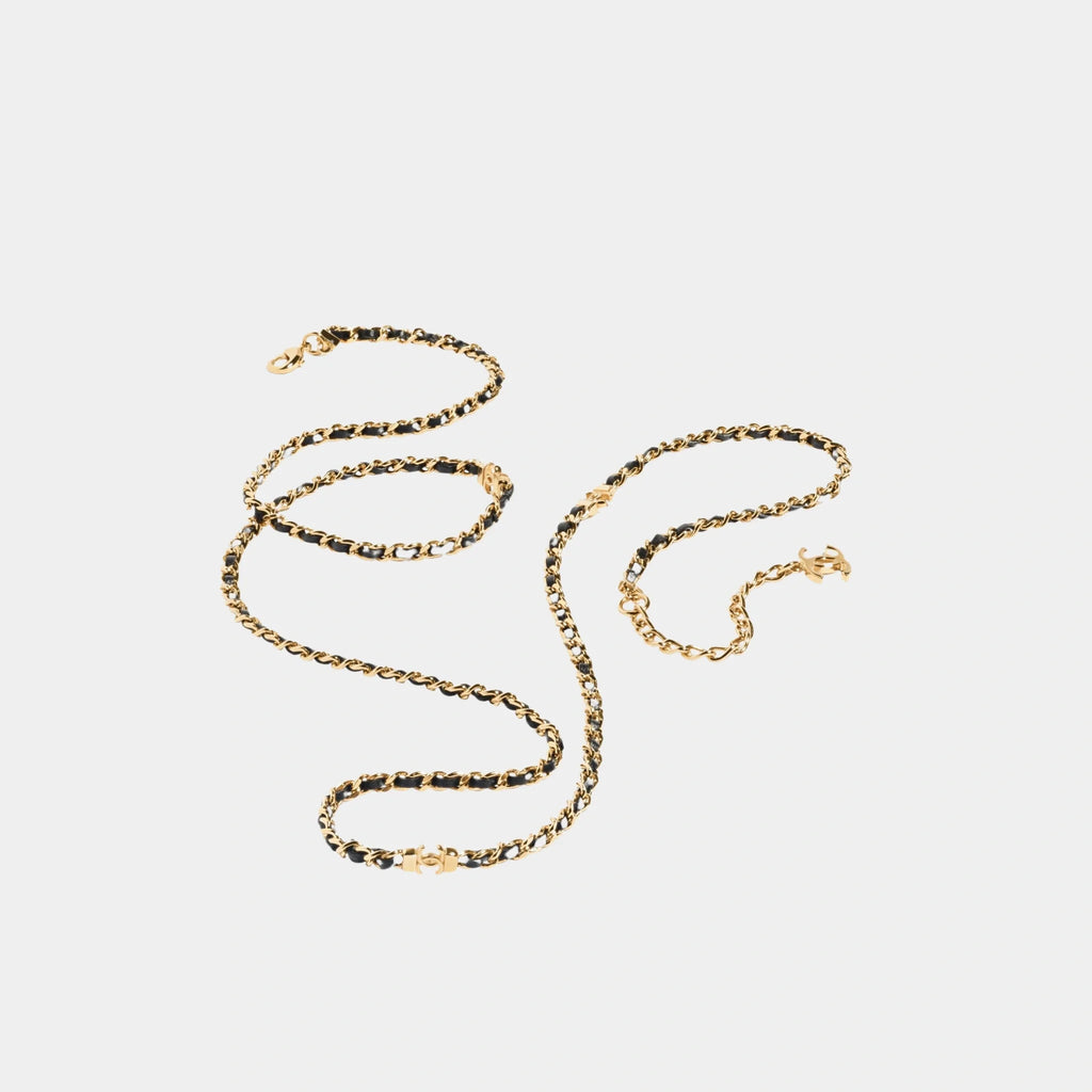 Gold Metal And Black Lambskin Long Chain Necklace Chanel – Гарантія оригінальності – вид ззаду