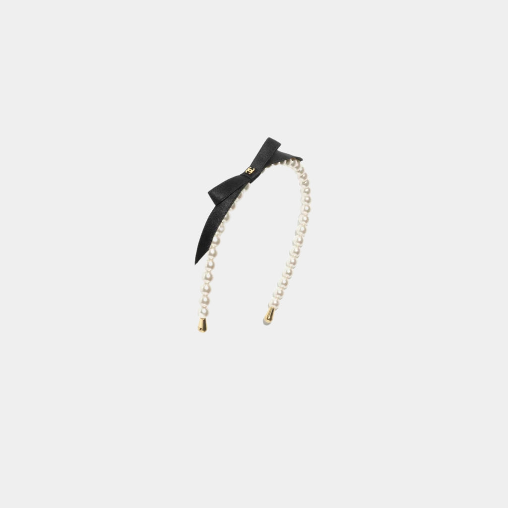 Headband Pearls Metal Satin Pearly White Gold Black Chanel – Гарантія оригінальності – боковий вид