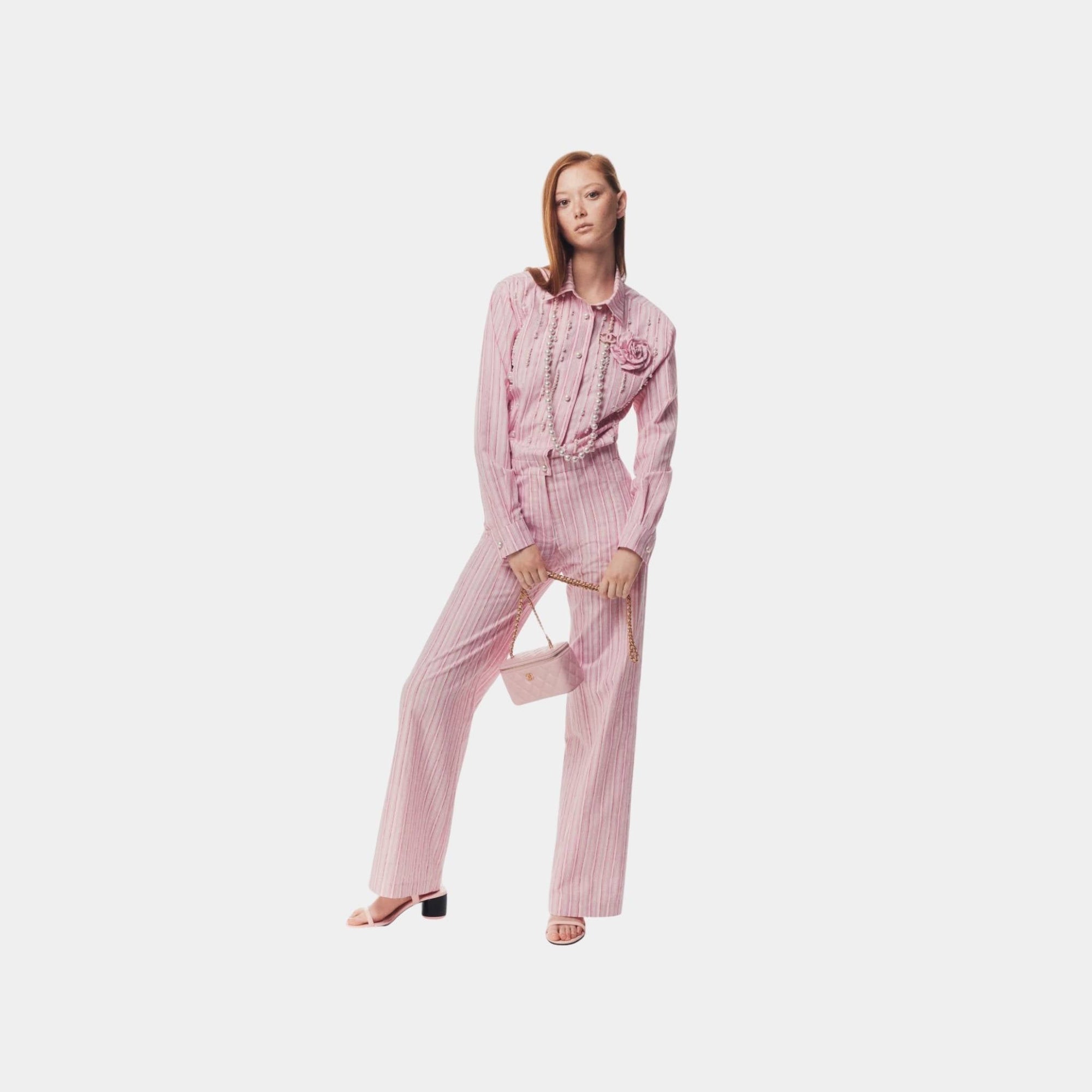 Оригінальна Jumpsuit Printed Cotton Poplin Light Pink White Dark Pink Chanel – вид ззаду