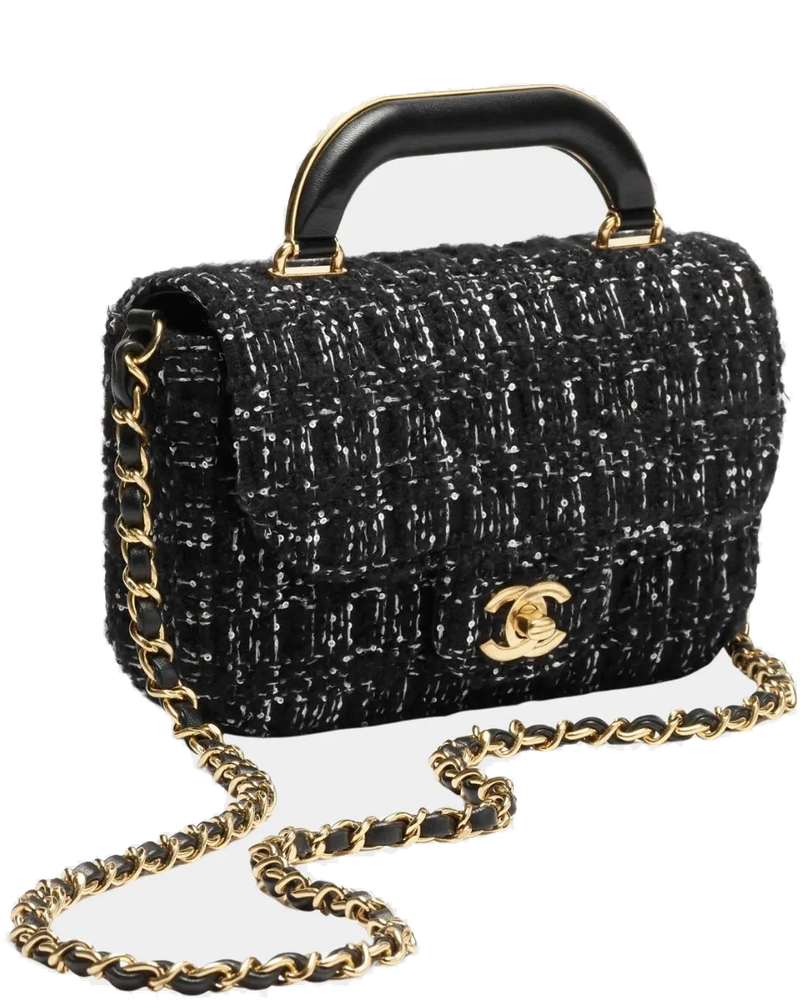 Mini Flap Bag With Handle Cashmere Tweed & Gold Metal Black & White Chanel – Гарантія оригінальності