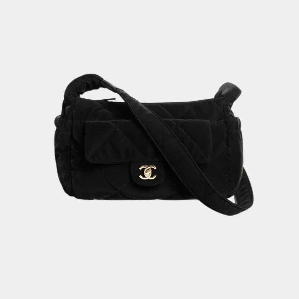Large Bowling Bag Black Velvet Effect Nylon & Gold Metal Chanel оригінал – Купити в Україні – боковий вид