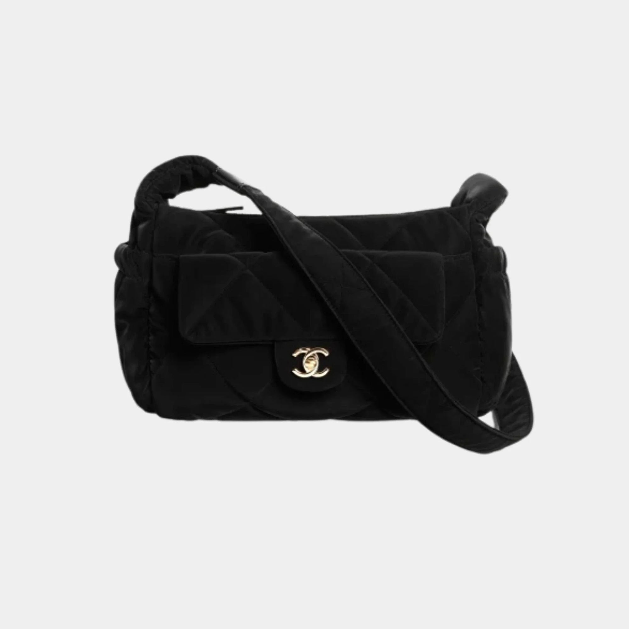 Large Bowling Bag Black Velvet Effect Nylon & Gold Metal Chanel оригінал – Купити в Україні – боковий вид