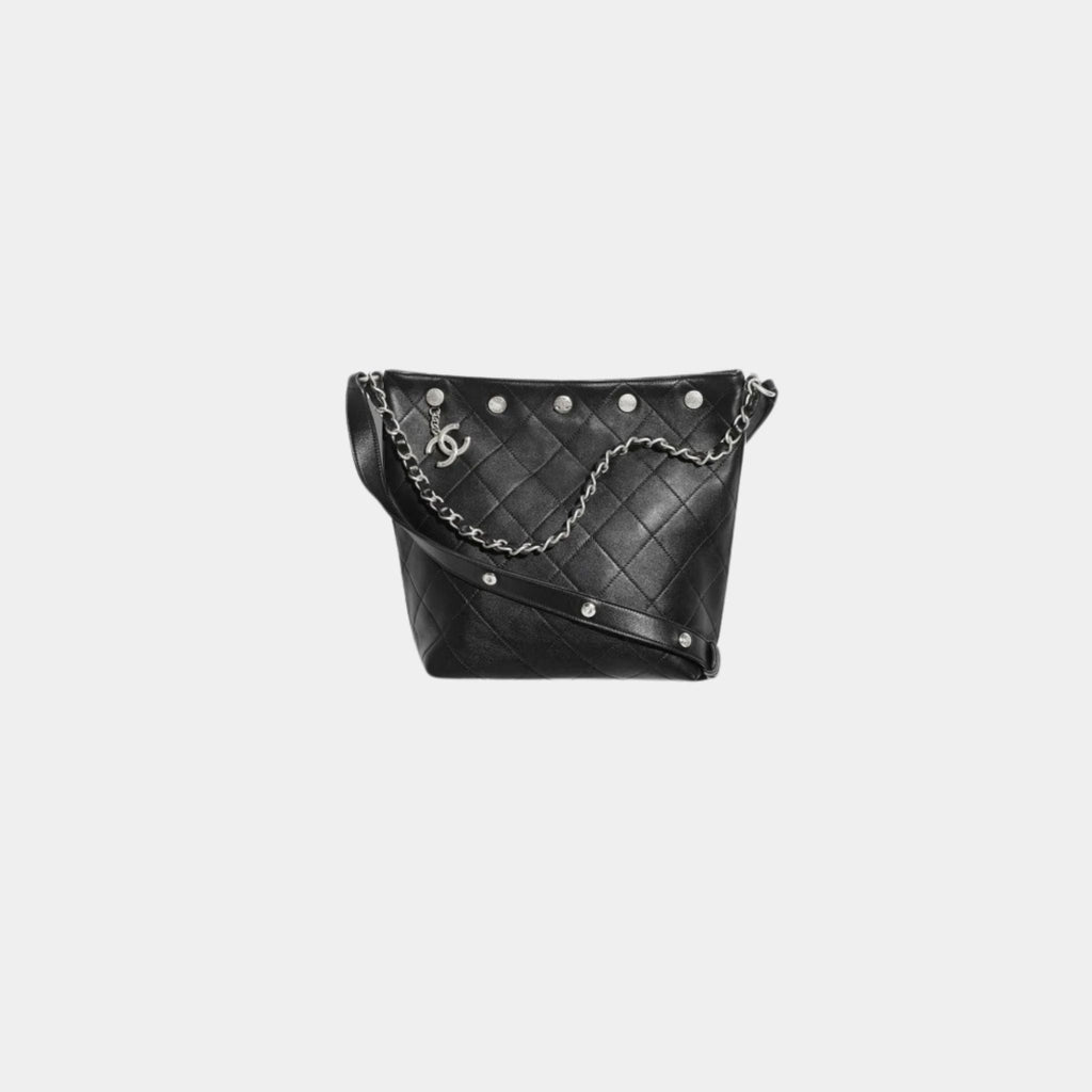 Large Bucket Bag Shiny Lambskin Silver Tone Metal Black Chanel – Гарантія оригінальності – боковий вид