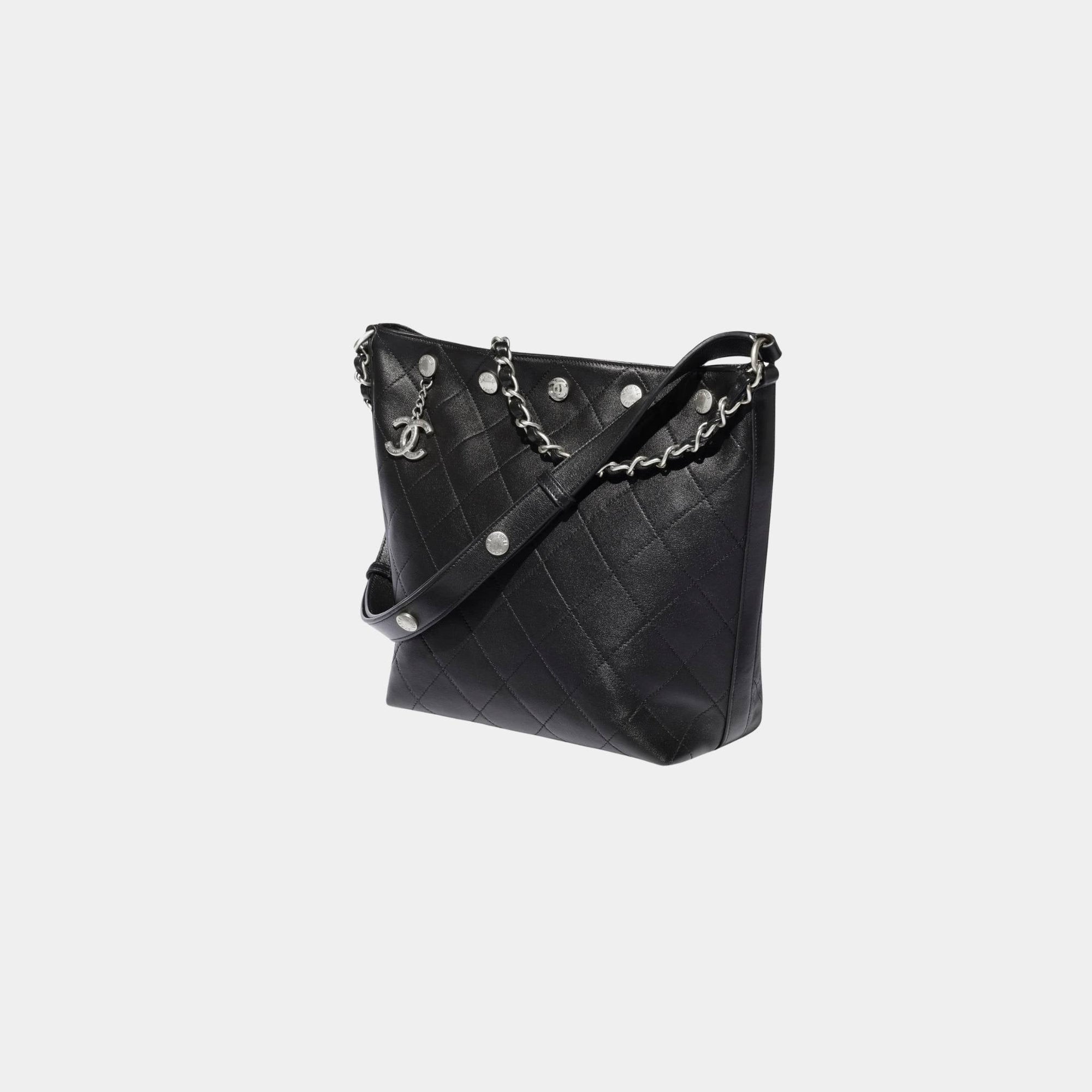 Large Bucket Bag Shiny Lambskin Silver Tone Metal Black Chanel – Гарантія оригінальності – вид ззаду