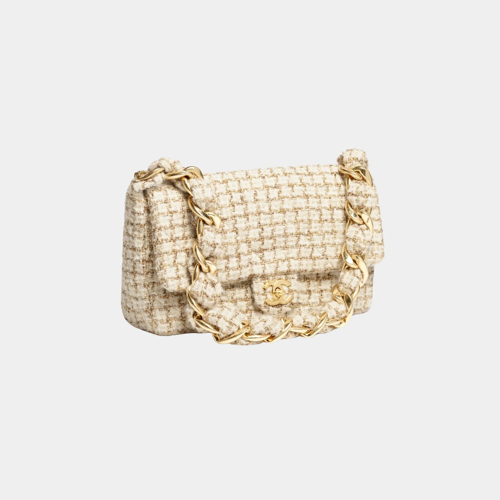 Large Flap Bag Tweed & Gold Metal Ecru Beige & Gold Chanel оригінал – Купити в Україні – боковий вид