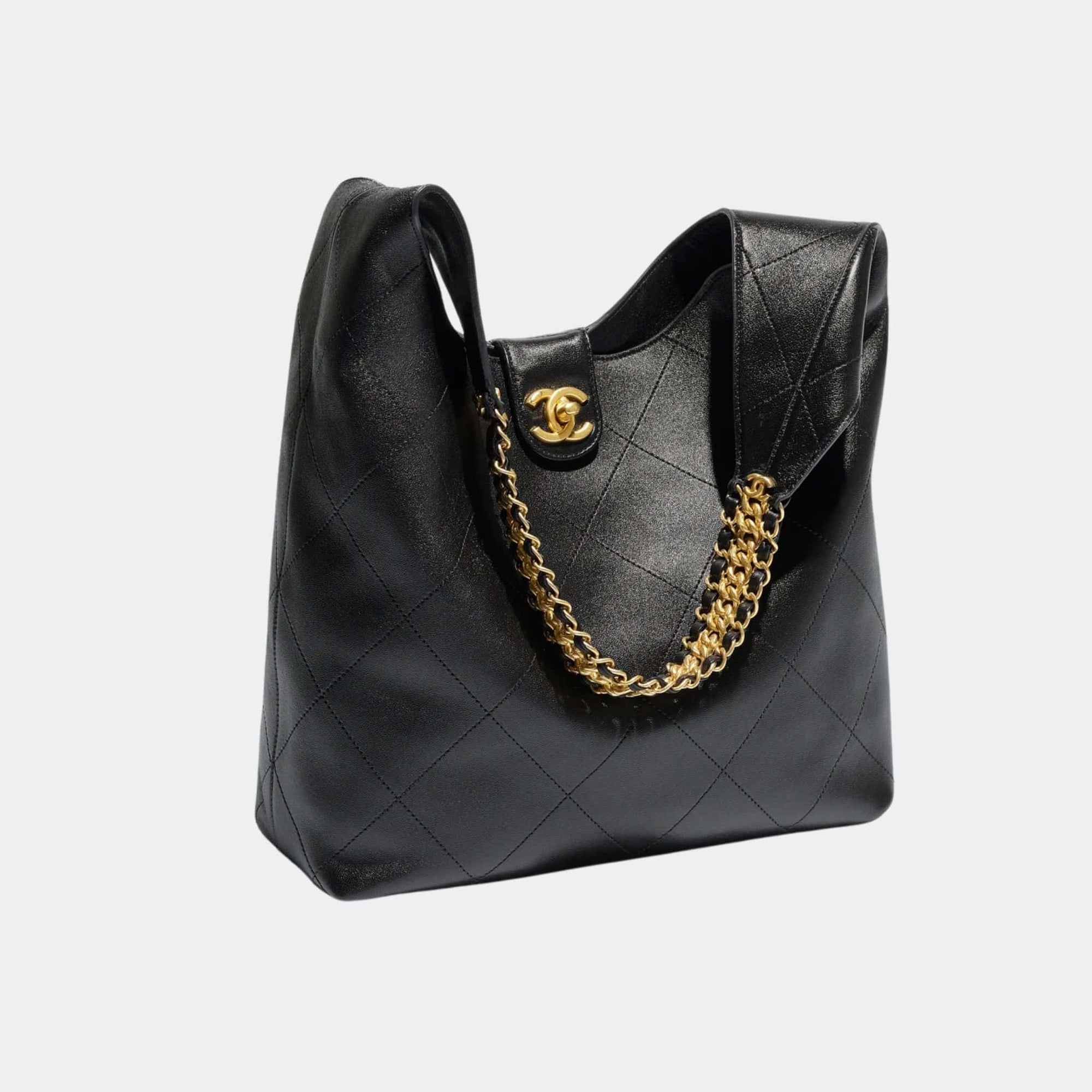 Large Hobo Bag Shiny Lambskin Gold Tone Metal Black Chanel – Гарантія оригінальності – боковий вид