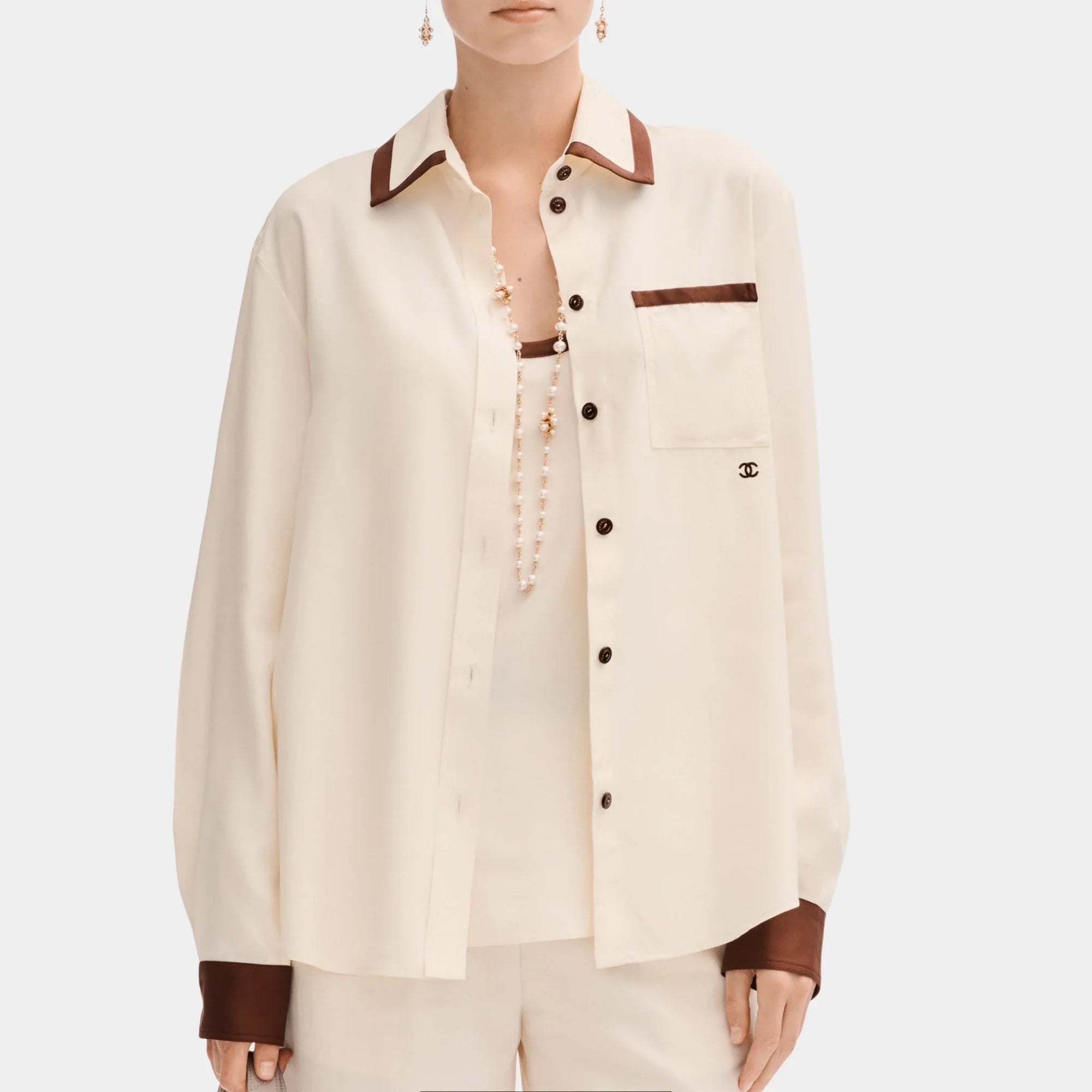 Long Sleeved Shirt In Silk Light Yellow And Burgundy Chanel оригінал – Купити в Україні – боковий вид
