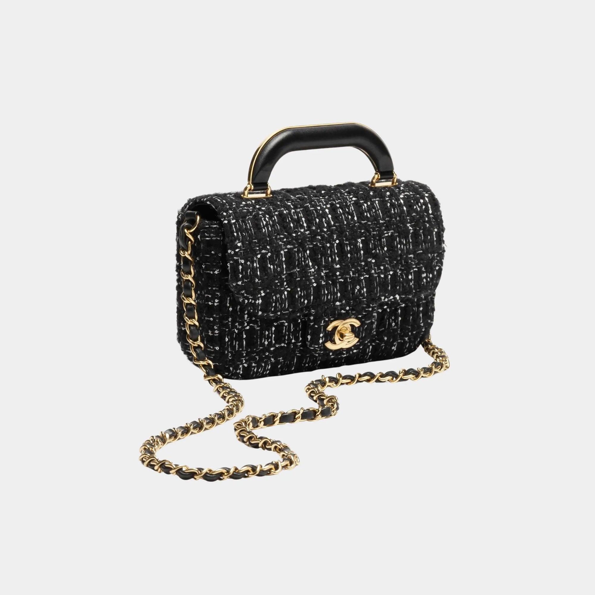 Mini Flap Bag With Handle Cashmere Tweed & Gold Metal Black & White Chanel – Гарантія оригінальності – боковий вид