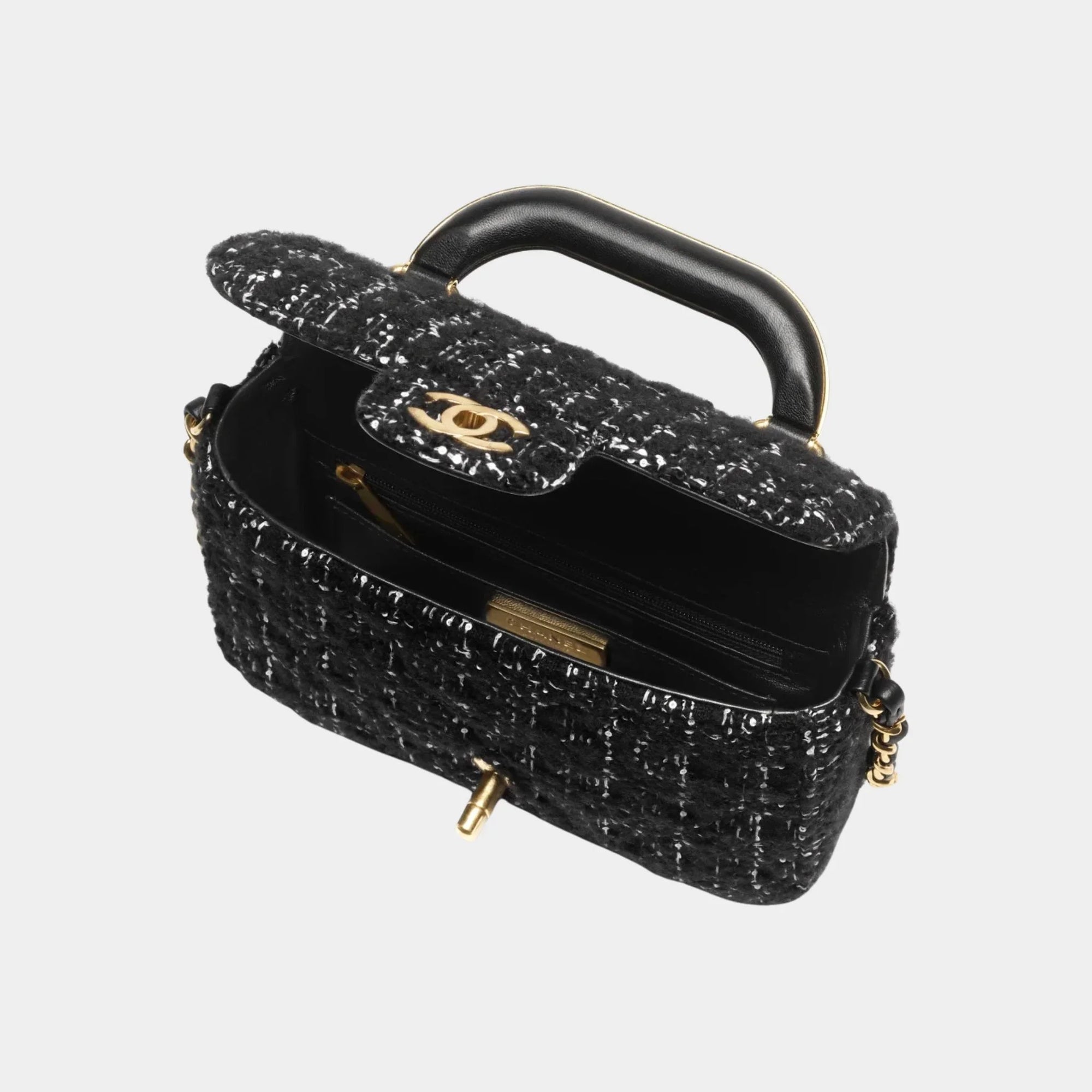 Mini Flap Bag With Handle Cashmere Tweed & Gold Metal Black & White Chanel – Гарантія оригінальності – вид ззаду