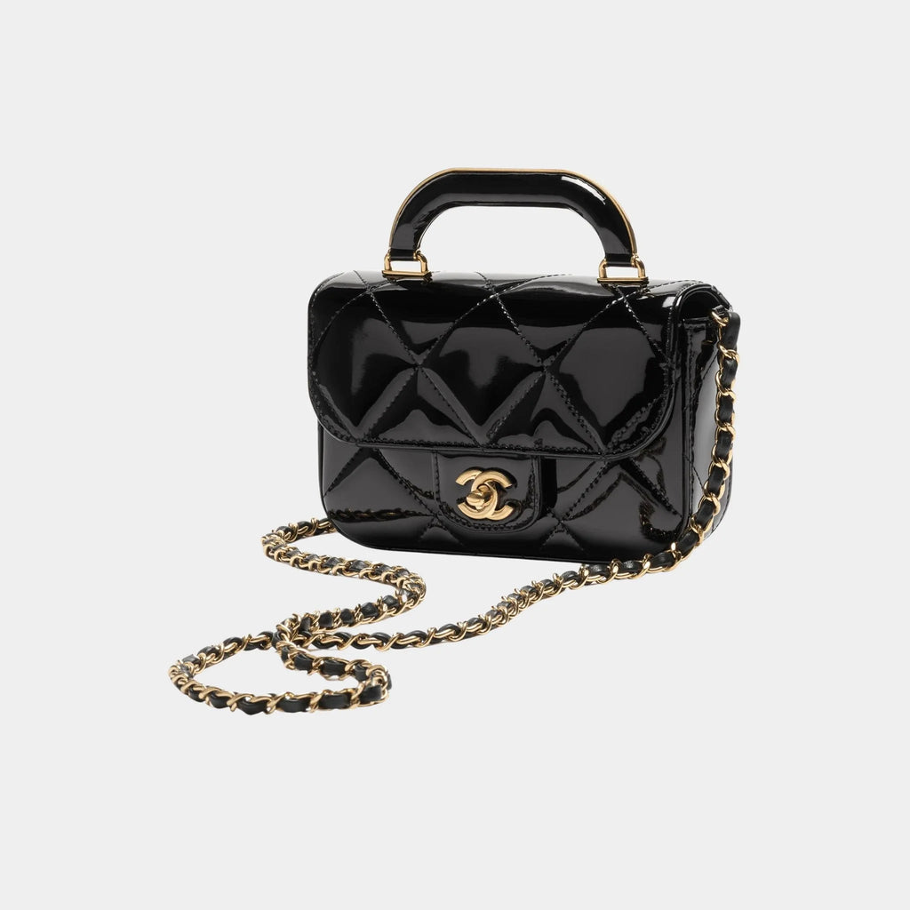 Mini Flap Bag With Handle Metallic Mirror Calfskin & Gold Metal Black Chanel оригінал – Купити в Україні – боковий вид