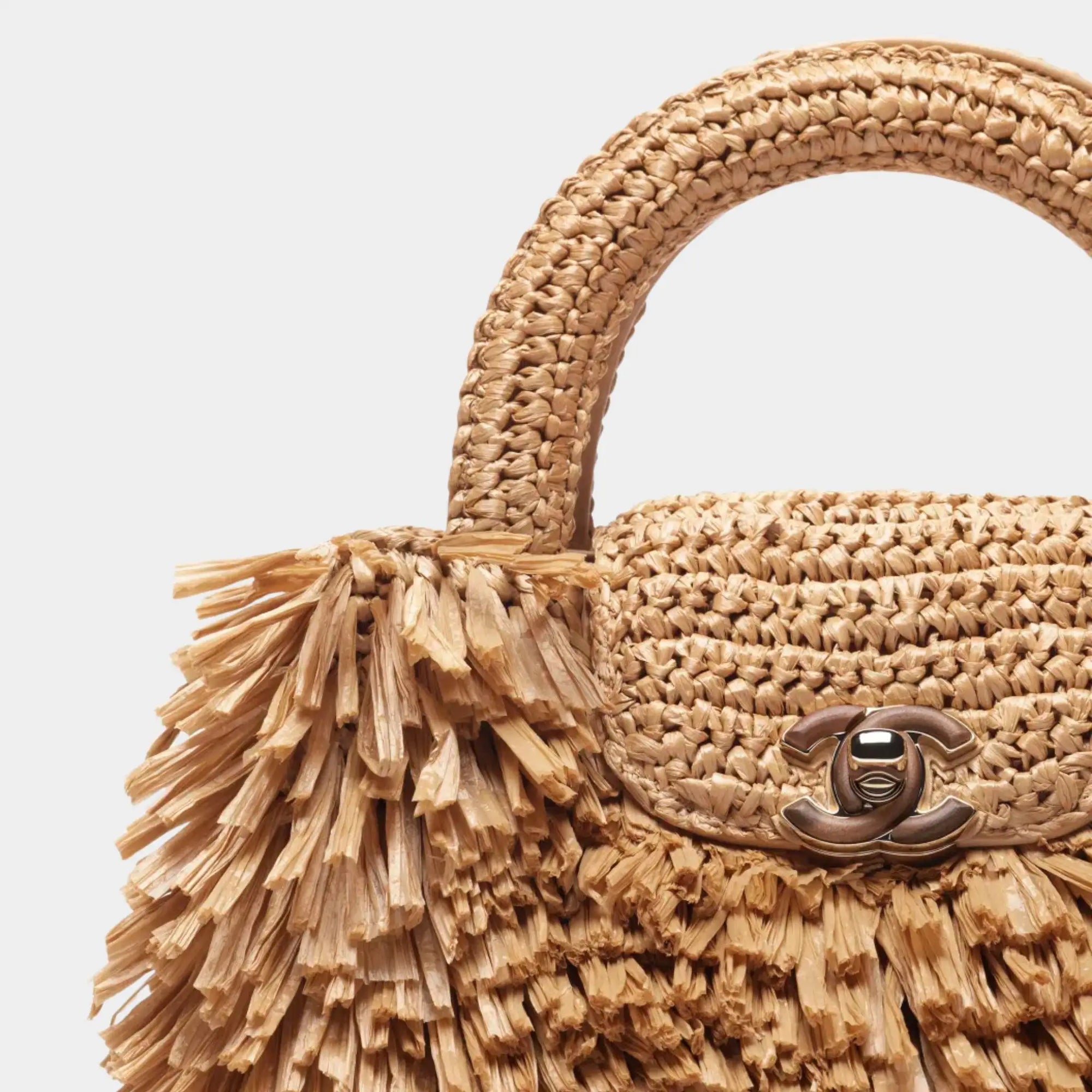 Mini Tote Bag Fringed Raffia Wood & Gilded Metal Dark Beige Chanel – Гарантія оригінальності – детальний вид