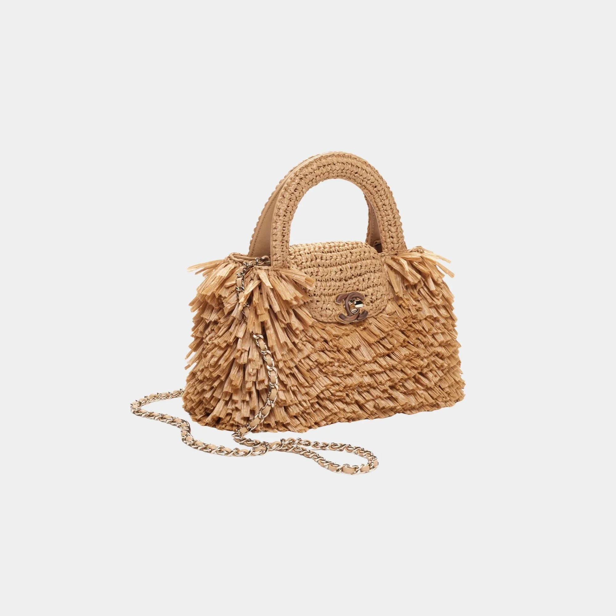 Mini Tote Bag Fringed Raffia Wood & Gilded Metal Dark Beige Chanel – Гарантія оригінальності – боковий вид