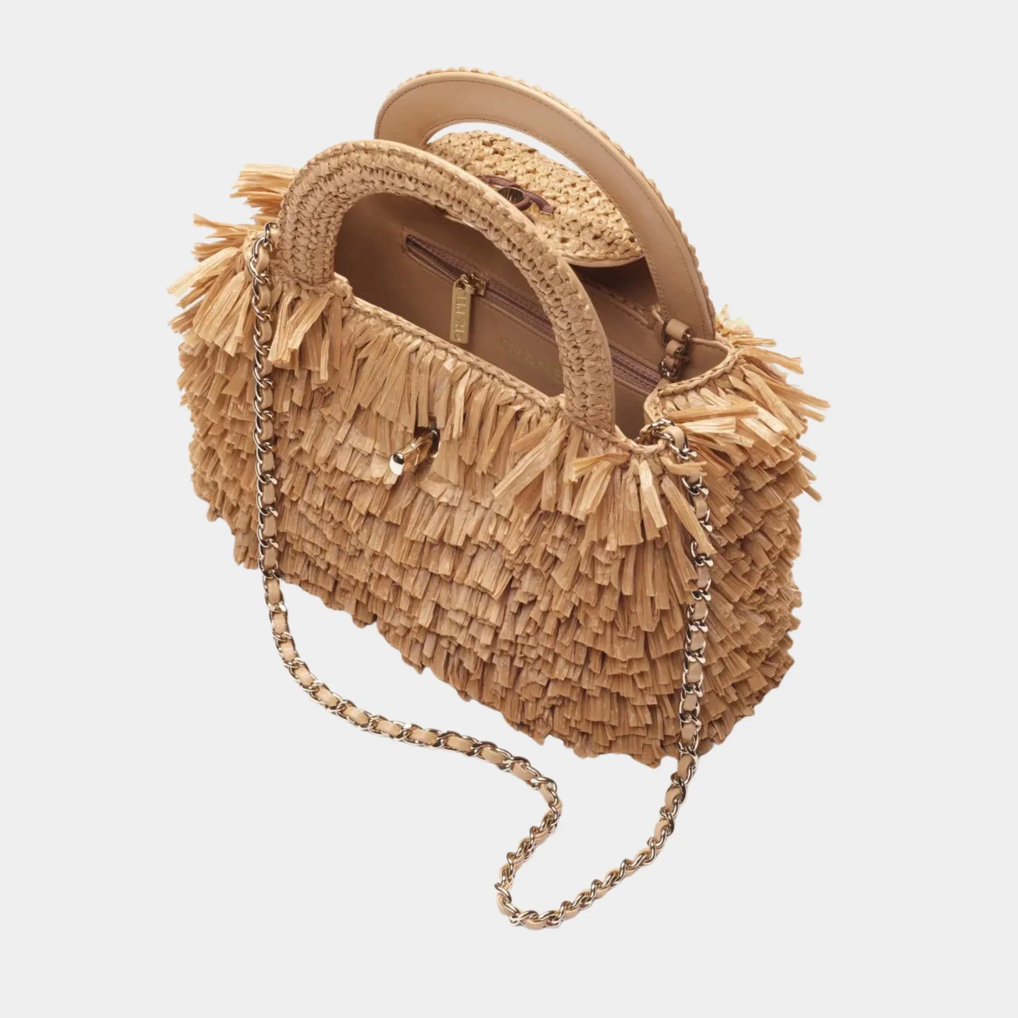 Mini Tote Bag Fringed Raffia Wood & Gilded Metal Dark Beige Chanel – Гарантія оригінальності – вид ззаду