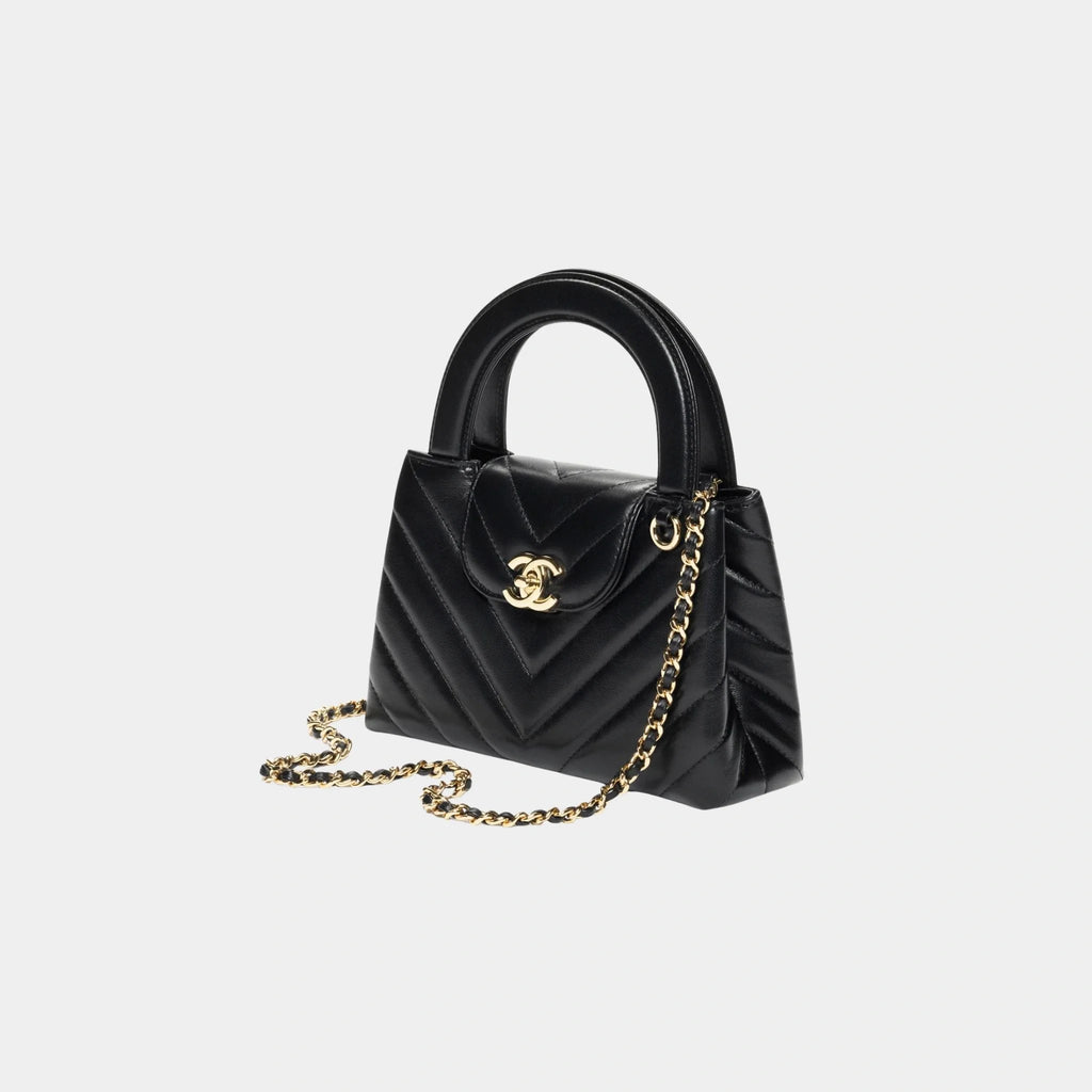 Mini Tote Bag Shiny Lamb & Gold-Plated Metal Black Chanel оригінал – Купити в Україні – боковий вид