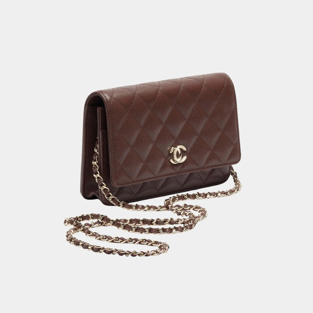 Wallet On Chain Shiny Grained Calfskin Rhinestones & Gold Metal Dark Brown Chanel – Гарантія оригінальності – боковий вид