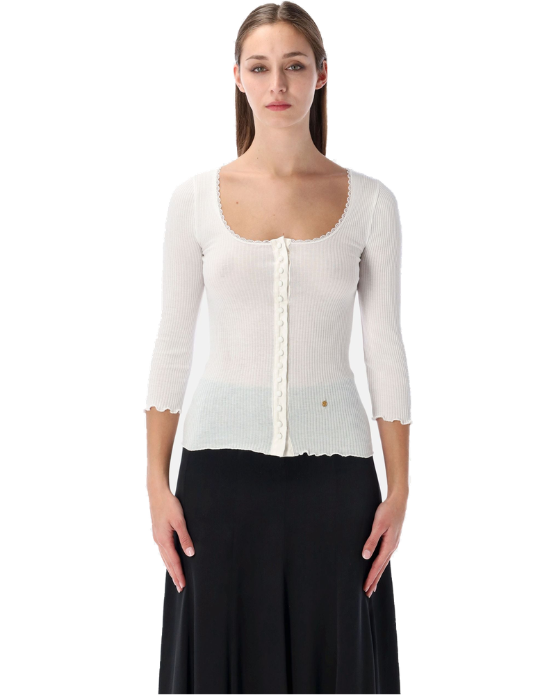 Fitted White Cotton Deep Neck Cardigan Chloe – Гарантія оригінальності