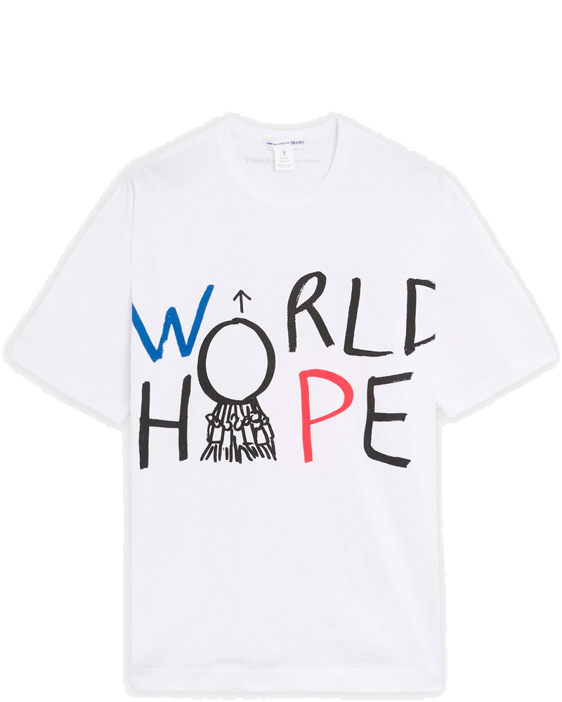 White Cotton Jersey T-Shirt With World Hope Graphic Comme des garcons оригінал – Купити в Україні