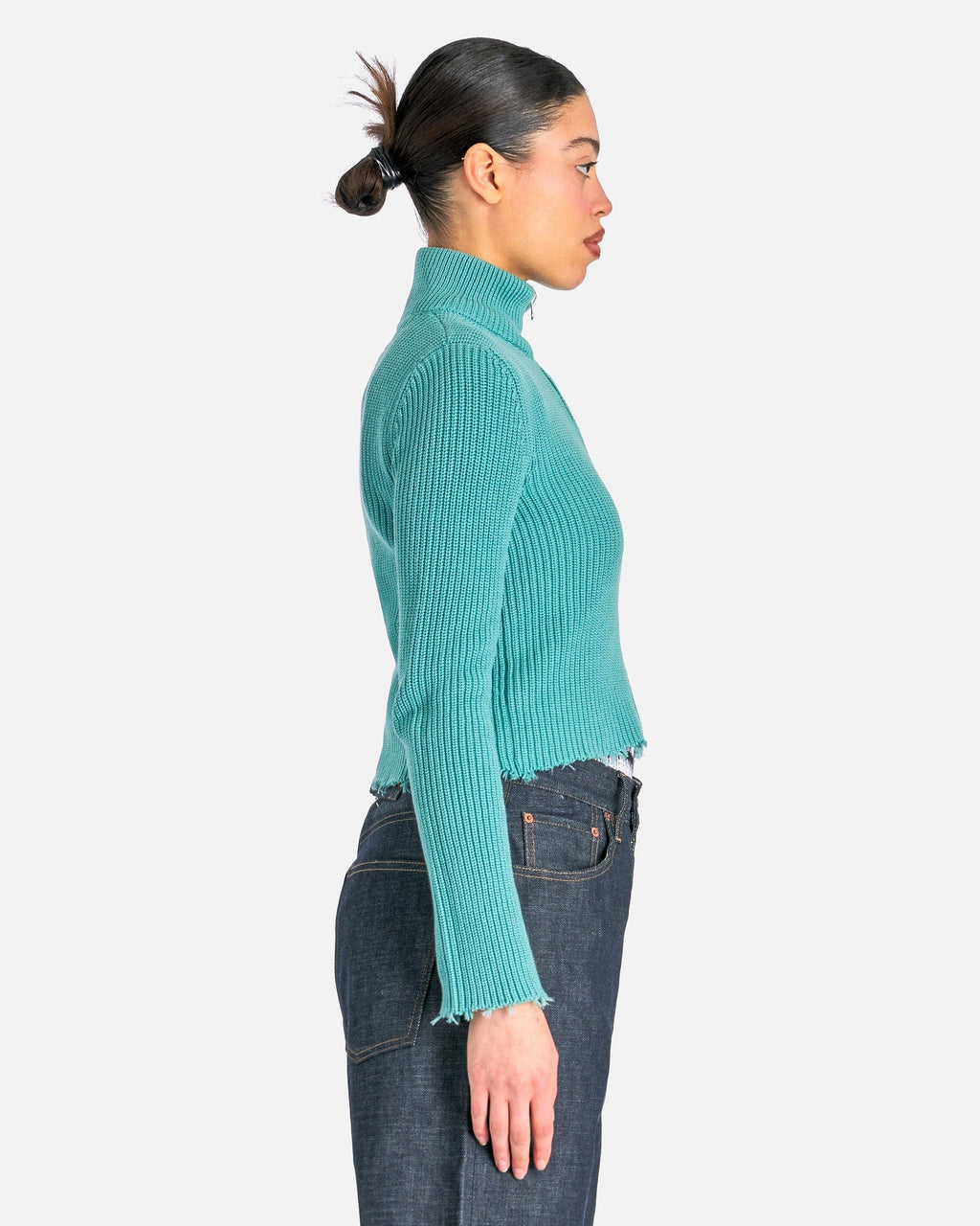 Distressed Rib Knit Trucker Jacket In Turquoise Maison margiela оригінал – Купити в Україні – вид ззаду