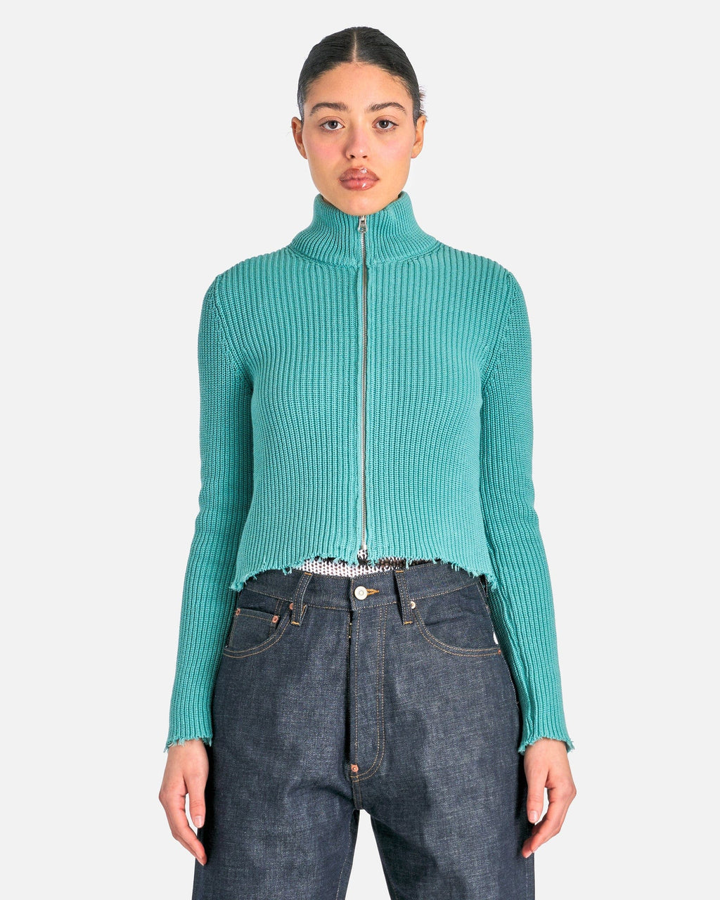 Distressed Rib Knit Trucker Jacket In Turquoise Maison margiela оригінал – Купити в Україні – боковий вид