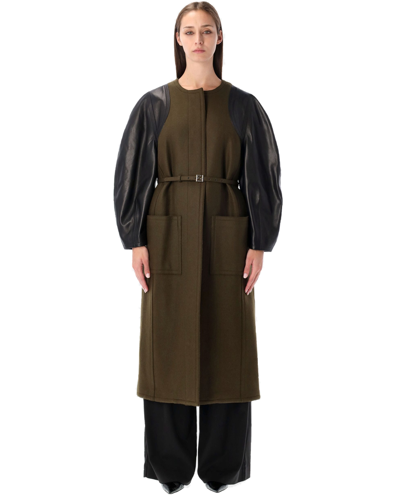 Оригінальна Green Wool MIDI Coat With Leather Sleeves Fendi