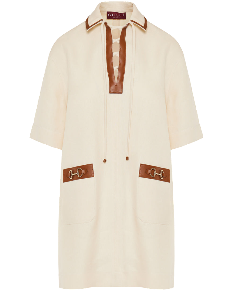Horsebit Embellished Leather Trimmed Linen Mini Dress Gucci – Гарантія оригінальності