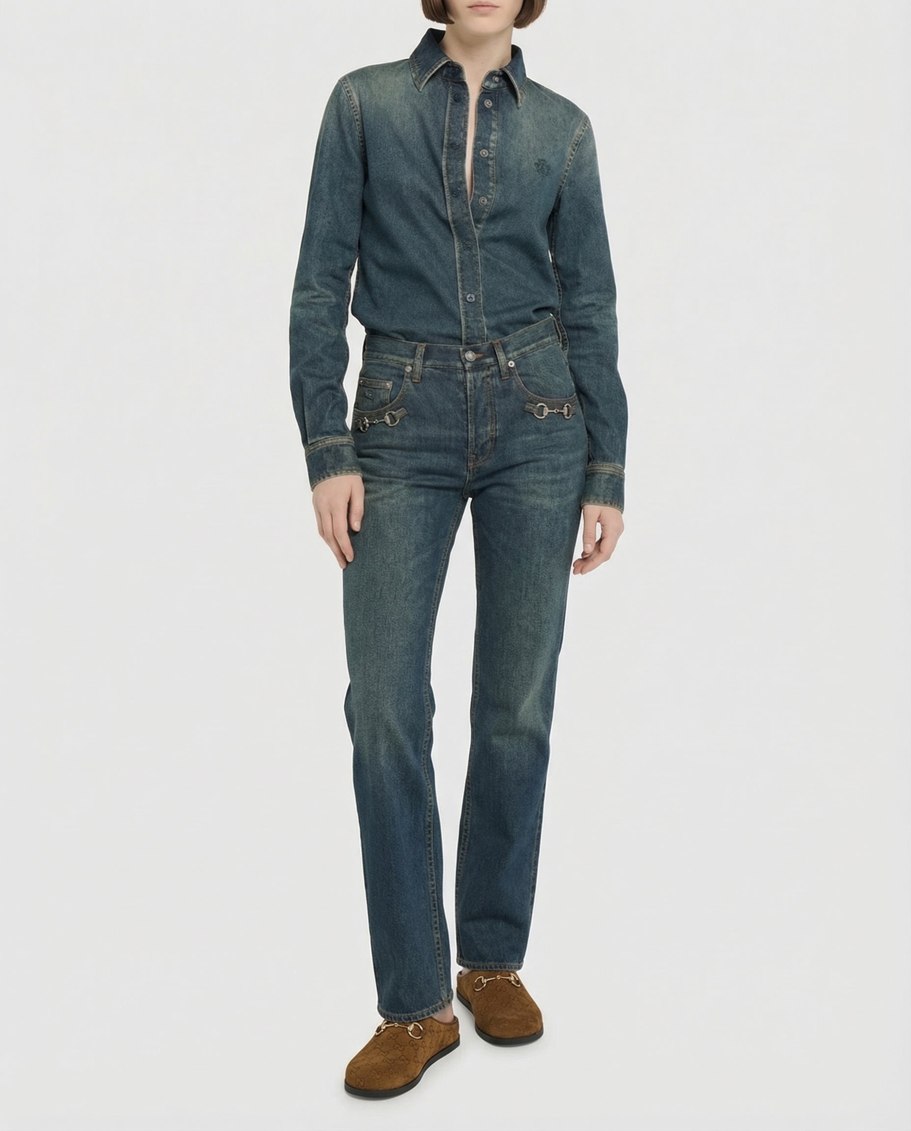 Horsebit Embellished MID Rise Wide Leg Jeans Gucci оригінал – Купити в Україні – вид ззаду