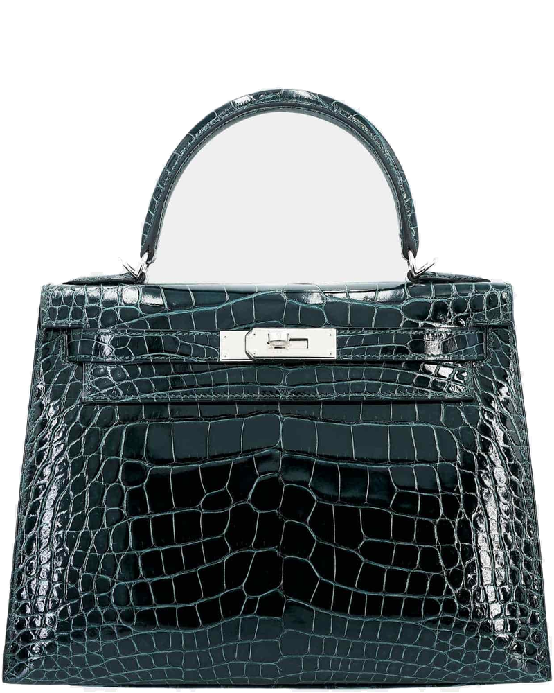 Оригінальна Kelly 28 Sellier Shiny Alligator Vert Cypress Phw Hermes