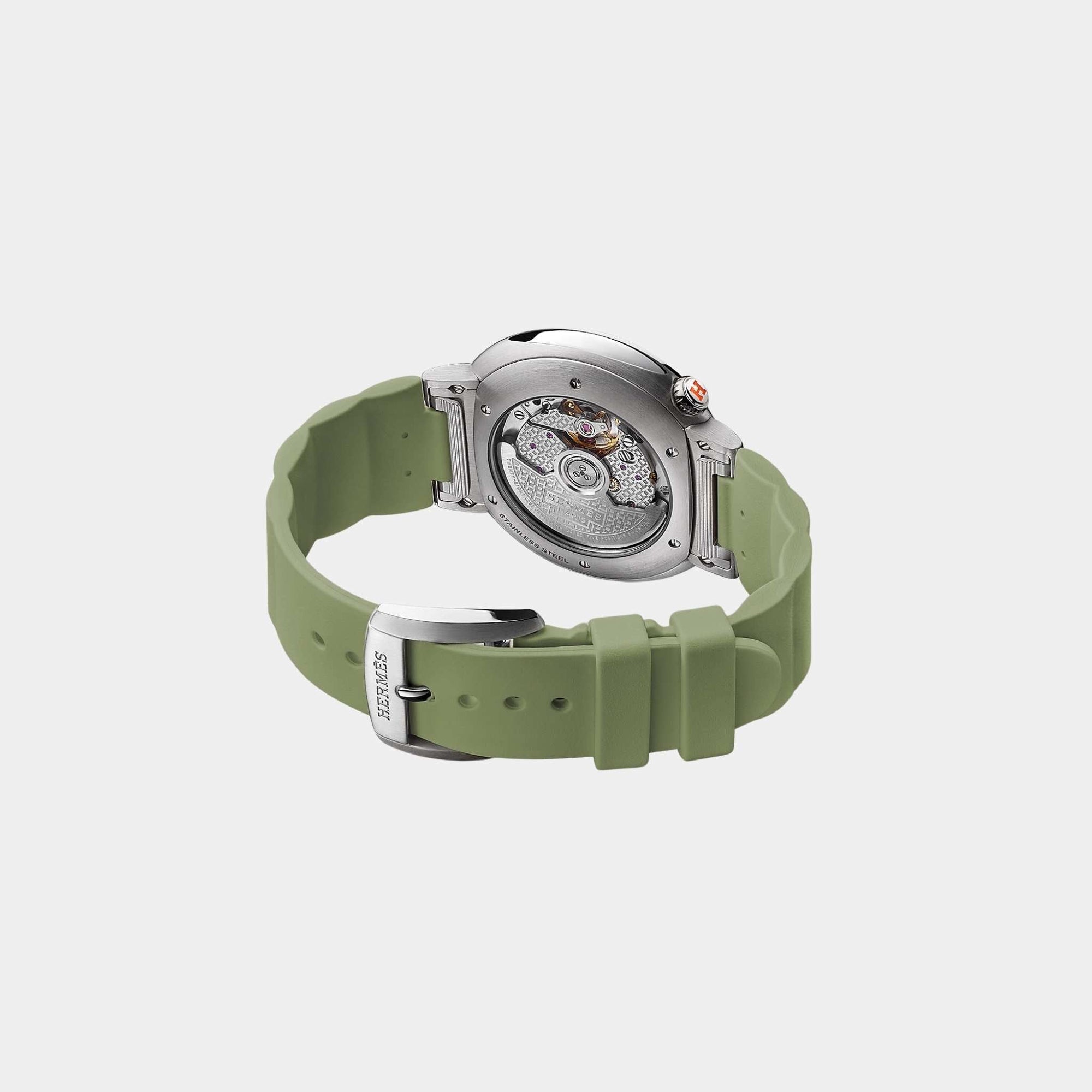 Cut 36 MM Steel Watch With Cricket Green Rubber Strap Hermes – Гарантія оригінальності – вид ззаду