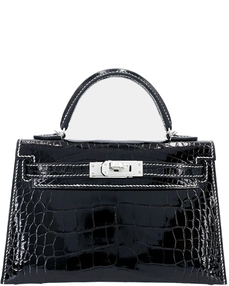 Оригінальна Mini Kelly II White Thread Shiny Alligator Black Phw Hermes