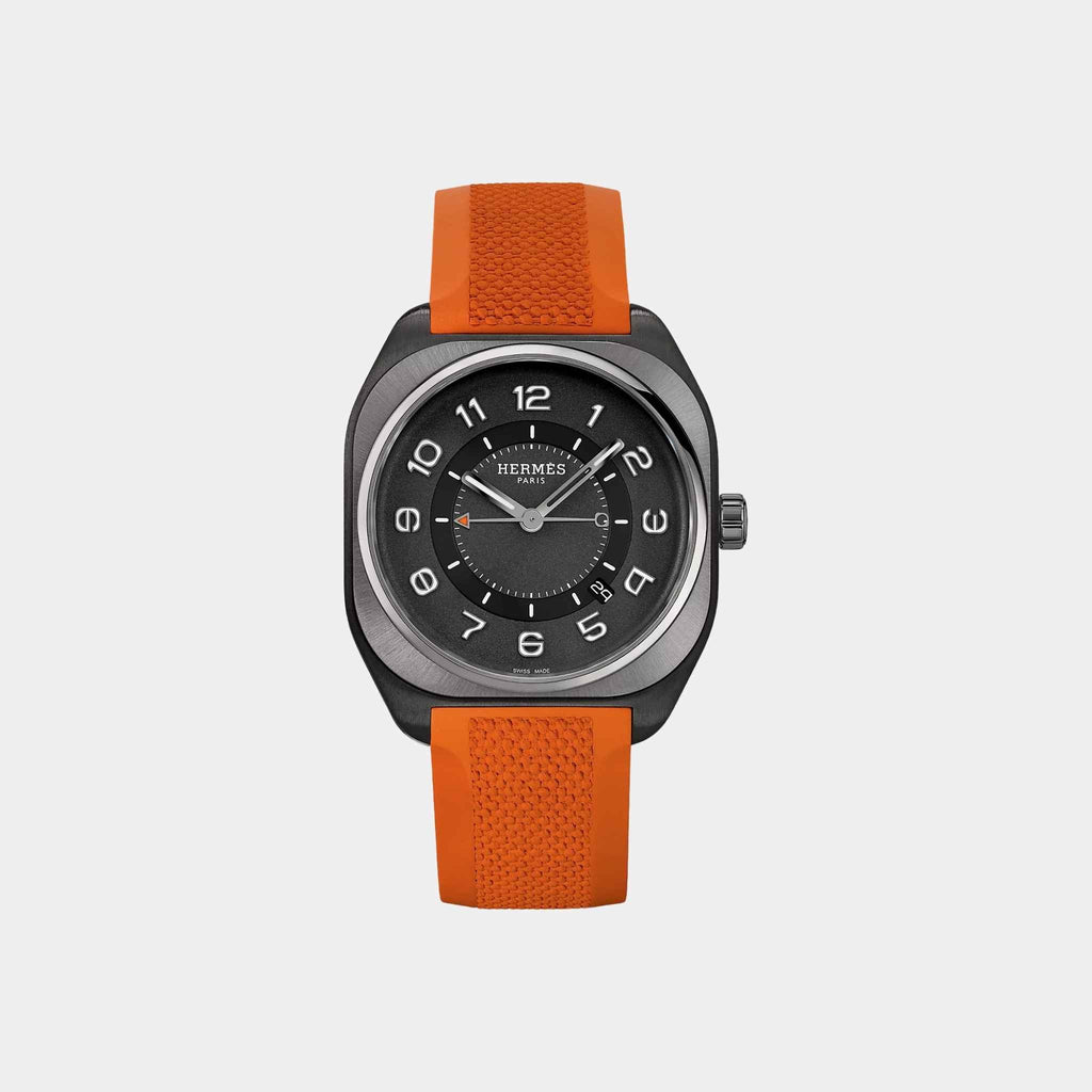 H08 Matte Black Satin-Finish Titanium Watch With Orange Rubber Strap Hermes оригінал – Купити в Україні – боковий вид